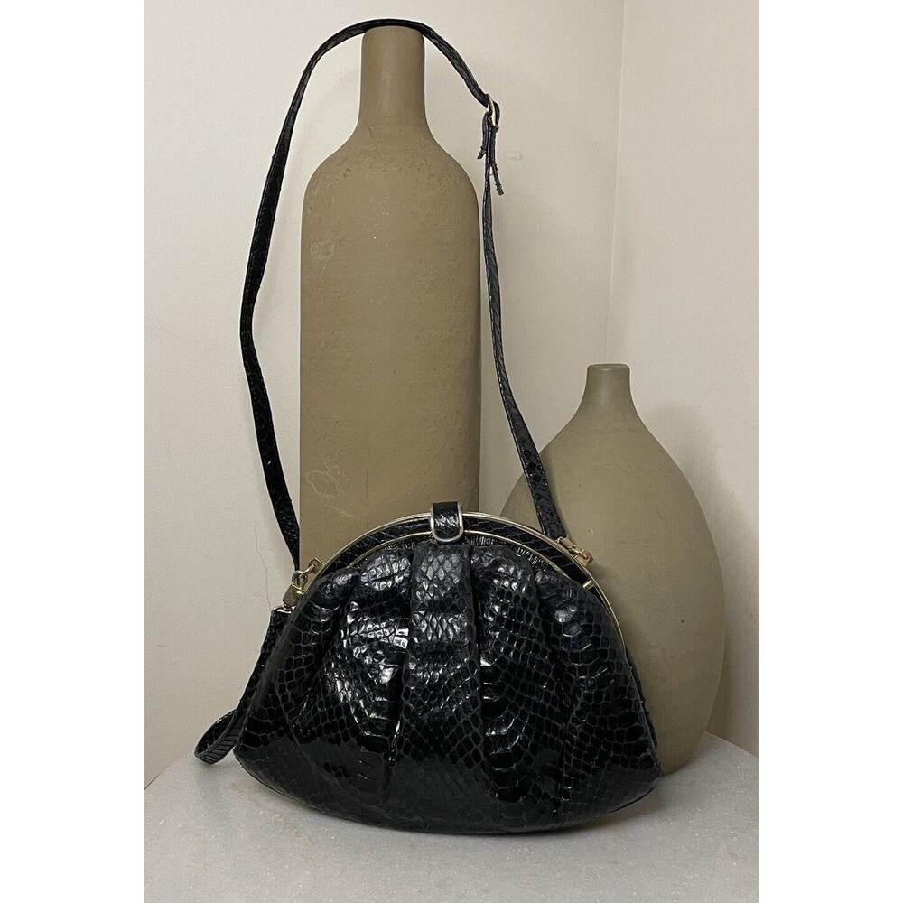 VTG Budd Leather Black Snakeskin Clutch Handbag w/Removeable Strap Made in Spain